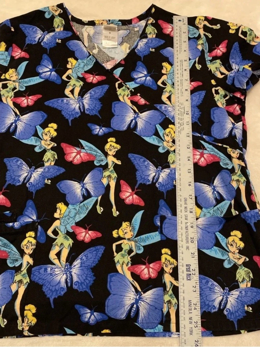 Disney Black V-Neck Short Sleeve Scrub Top with Blue & Pink Butterfly Print